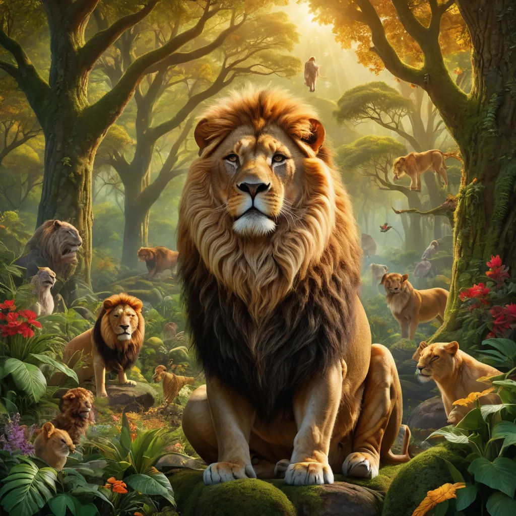 a lion is sitting in the middle of a forest with other animals around it and a man on a horse, furry art, a detailed matte painting, Chris LaBrooy, official art