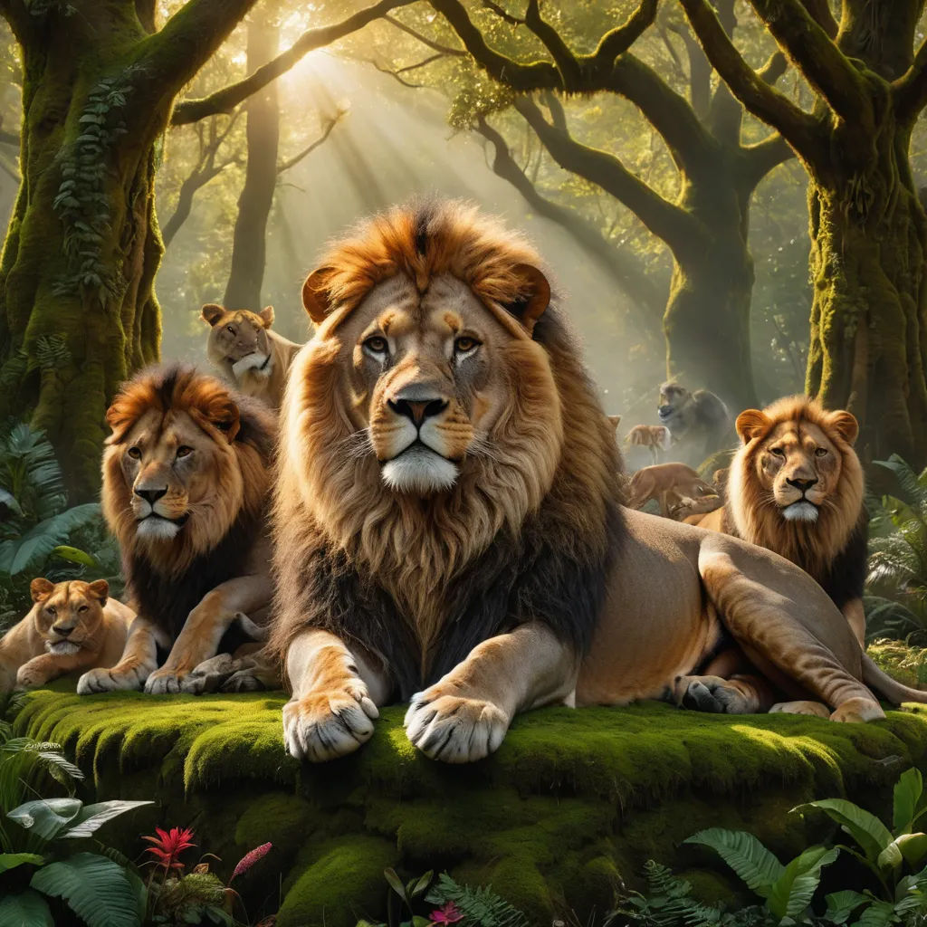 a group of lions sitting on a lush green field in the forest with sunlight streaming through the trees and leaves, furry art, a detailed matte painting, Chris LaBrooy, wildlife photography
