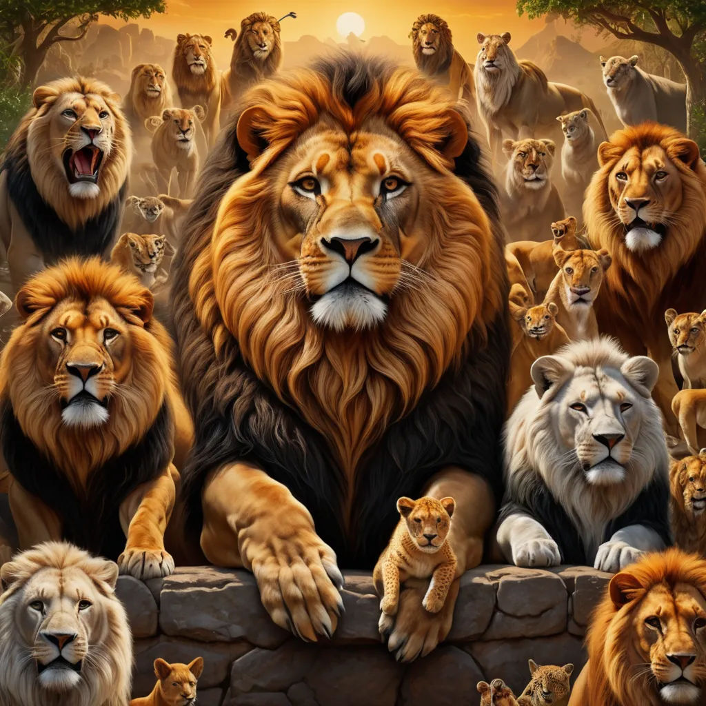 a painting of lions with their cubs in the background of a sunset scene with a stone wall and trees, furry art, a poster, Chris LaBrooy, wildlife photography