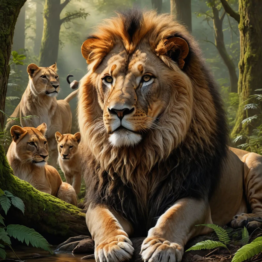 a lion and her cubs in a forest scene with trees and foliages, with a backdrop of ferns and trees, furry art, a photorealistic painting, Drew Struzan, photoreal