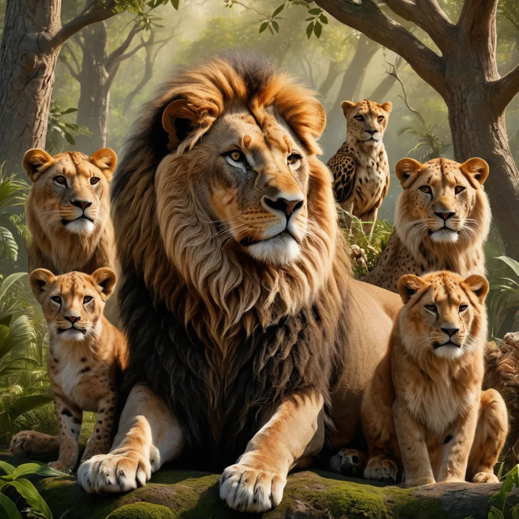 a group of lions sitting on a rock in the jungle with a cheetah in the background and a cheetah in the foreground, photorealism, a poster, Chris LaBrooy, imax 70 mm footage
