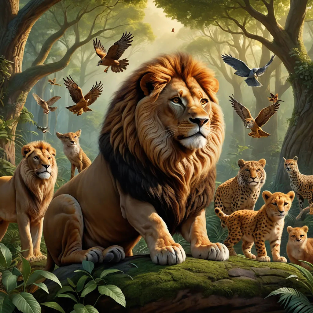 a painting of a lion surrounded by other animals in a forest with birds flying overhead and a bird flying overhead, furry art, an airbrush painting, Chris LaBrooy, highly detailed digital painting