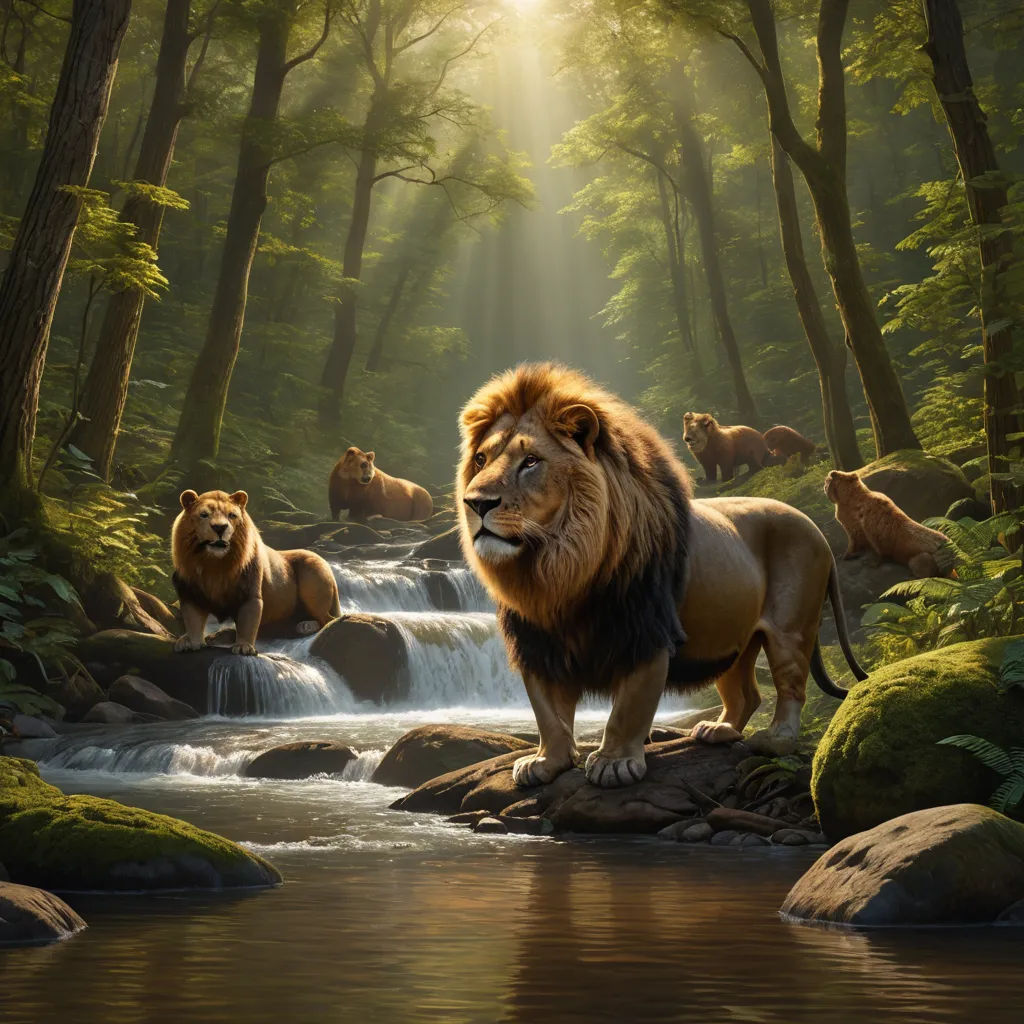 a painting of a lion standing on a rock in a forest with a waterfall and other animals in the background, fantasy art, a digital painting, Chris LaBrooy, official art