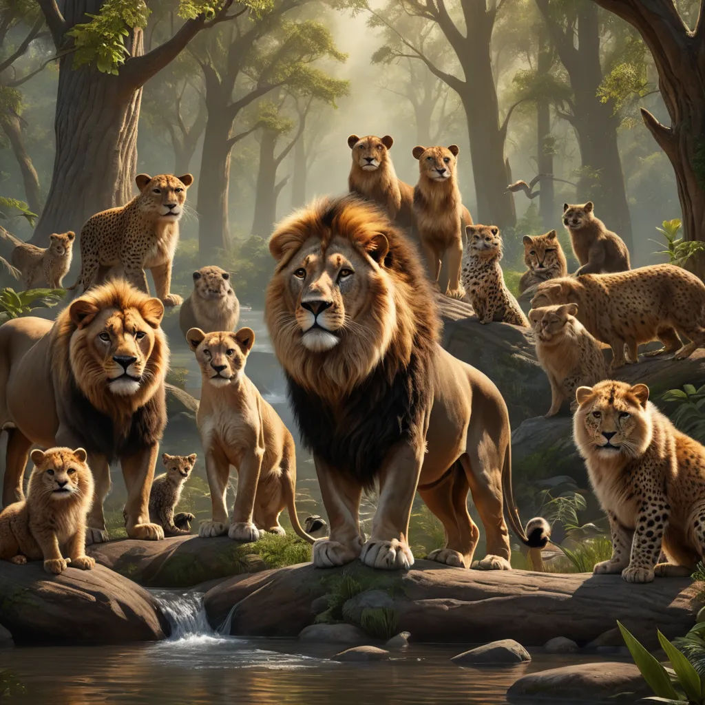 a group of lions standing on a rock next to a river in a forest with trees and rocks and a stream, furry art, a photorealistic painting, Brothers Hildebrandt, photoreal