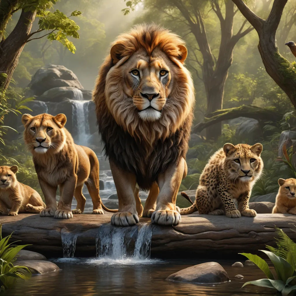 a group of lions standing on a log in a forest next to a waterfall and a waterfall with a waterfall, sots art, a poster, Chris LaBrooy, official art