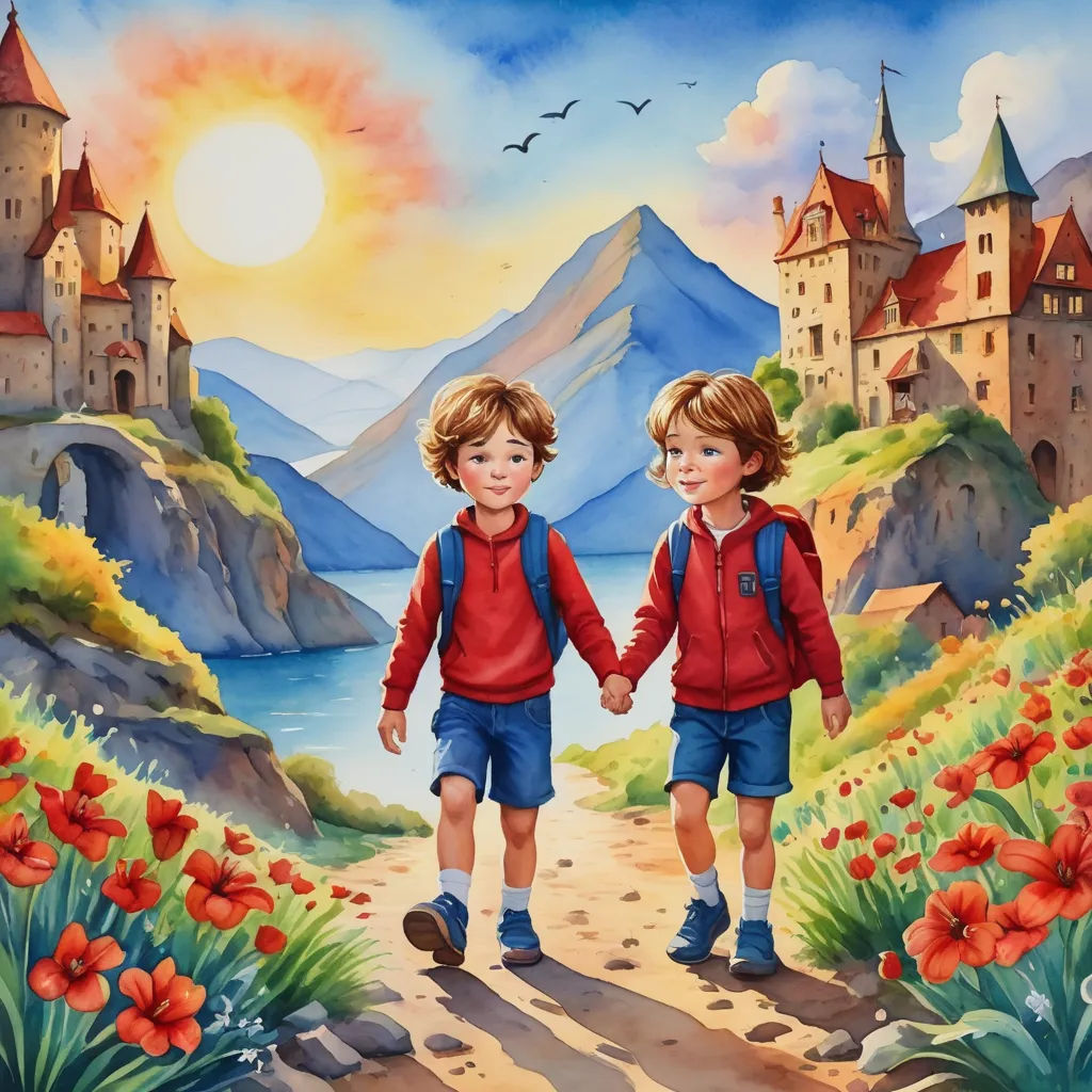 a painting of two children walking down a path towards a castle with a lake and mountains in the background, naive art, a storybook illustration, Brothers Hildebrandt, storybook illustration
