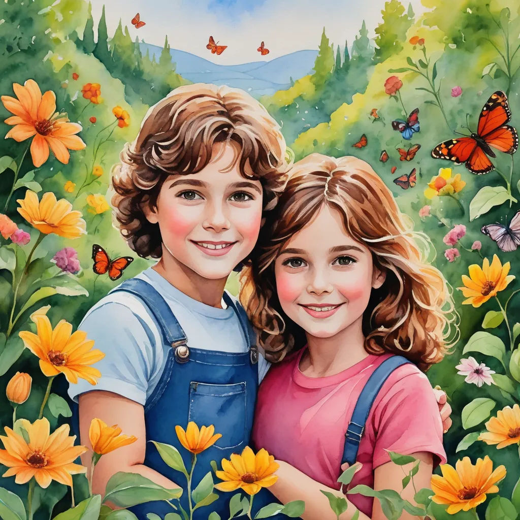 a painting of two children in a field of flowers with butterflies flying overhead and a mountain in the background, naive art, a detailed painting, Bob Byerley, highly detailed oil painting