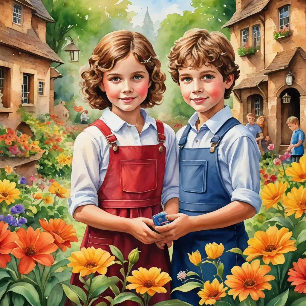 a painting of two children standing in a garden with flowers and a house in the background with a clock tower, naive art, a detailed painting, Brothers Hildebrandt, highly detailed oil painting