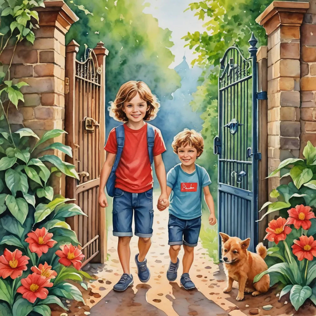 a painting of two children walking down a path with a dog in front of them and a gate with flowers, magic realism, a storybook illustration, Brothers Hildebrandt, storybook illustration