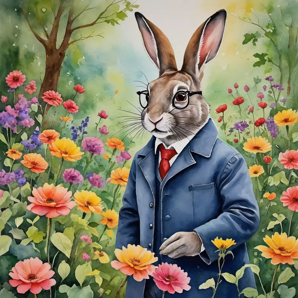 a painting of a rabbit in a suit and tie in a field of flowers with trees in the background, naive art, a watercolor painting, Beatrix Potter, trending on art station