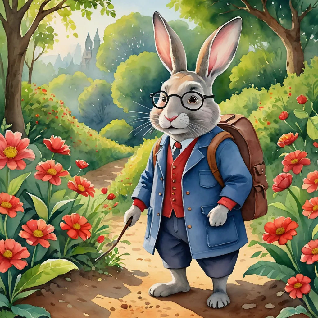 a painting of a rabbit in a suit and glasses walking through a forest with flowers and trees, with a castle in the background, fantasy art, a storybook illustration, Beatrix Potter, official art