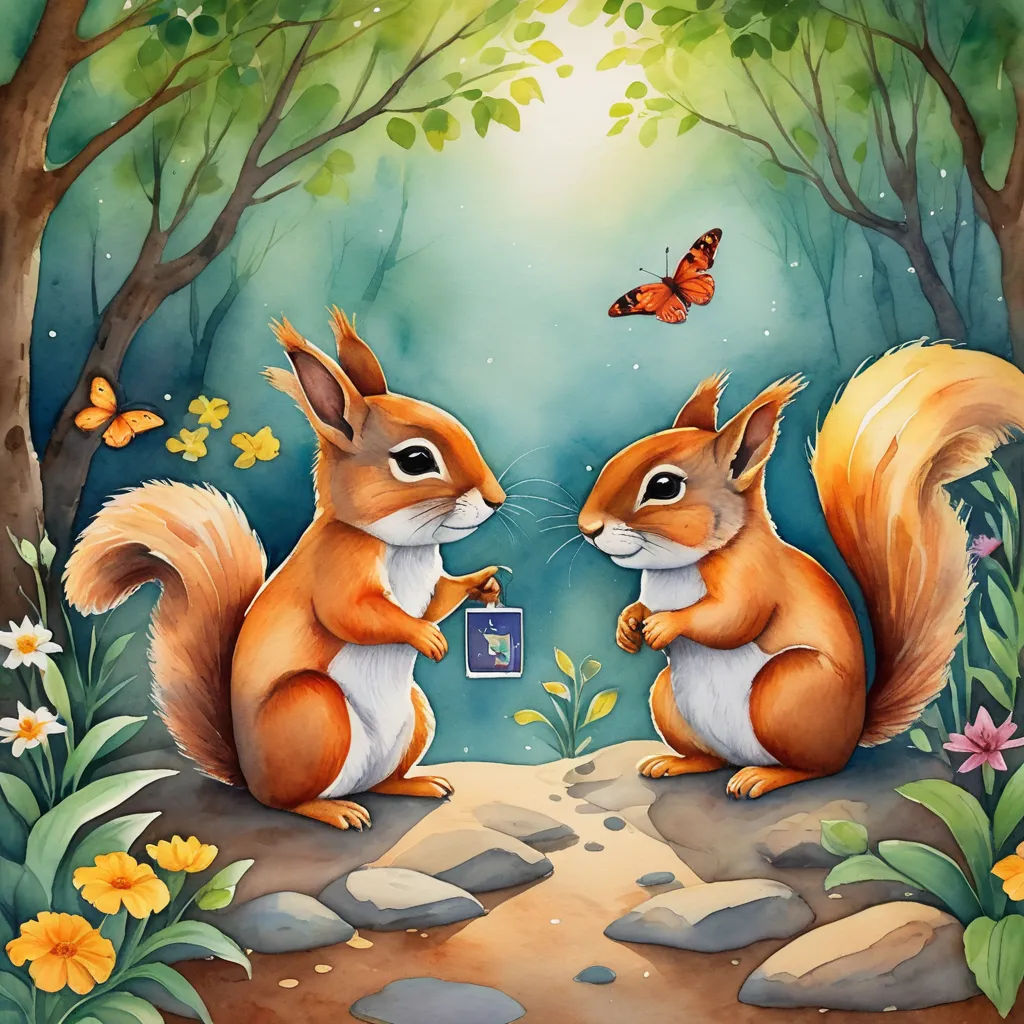 a painting of two squirrels in a forest with a butterfly flying above them and a butterfly on the ground, naive art, a storybook illustration, Chris LaBrooy, storybook illustration