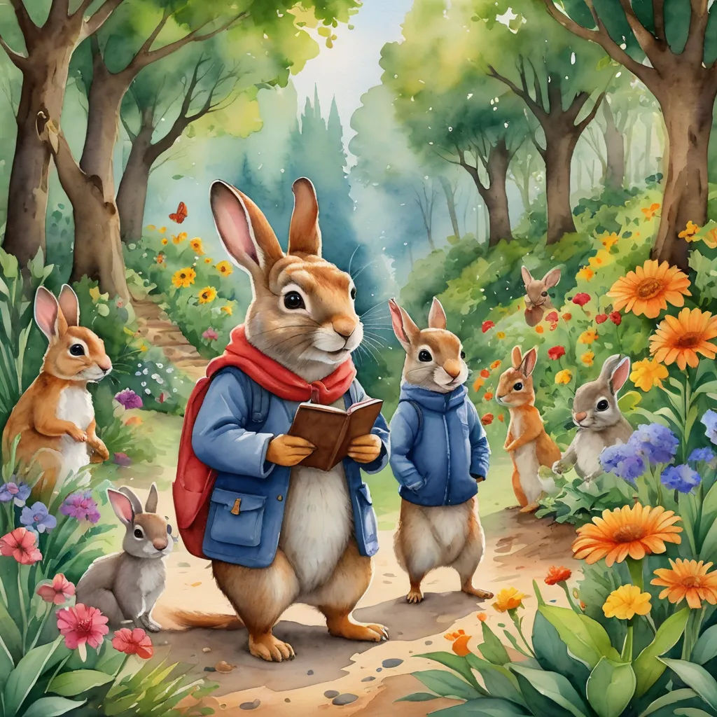 a painting of a rabbit and rabbits in a forest with flowers and trees, reading a book, and a path leading to a forest with flowers and a path, naive art, a storybook illustration, Beatrix Potter, storybook illustration