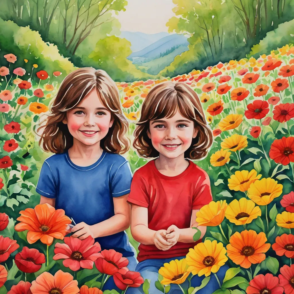 two children standing in a field of flowers with trees in the background and a mountain in the distance behind them, naive art, an ultrafine detailed painting, Claire Hummel, detailed painting