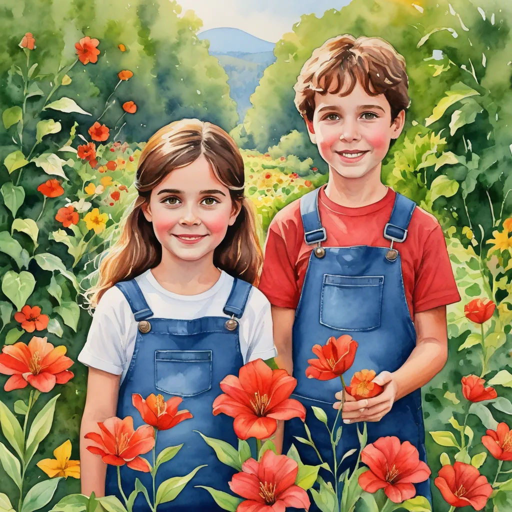 a painting of two children standing in a field of flowers with a mountain in the background and a field of flowers in the foreground, naive art, a detailed painting, Bob Byerley, detailed painting