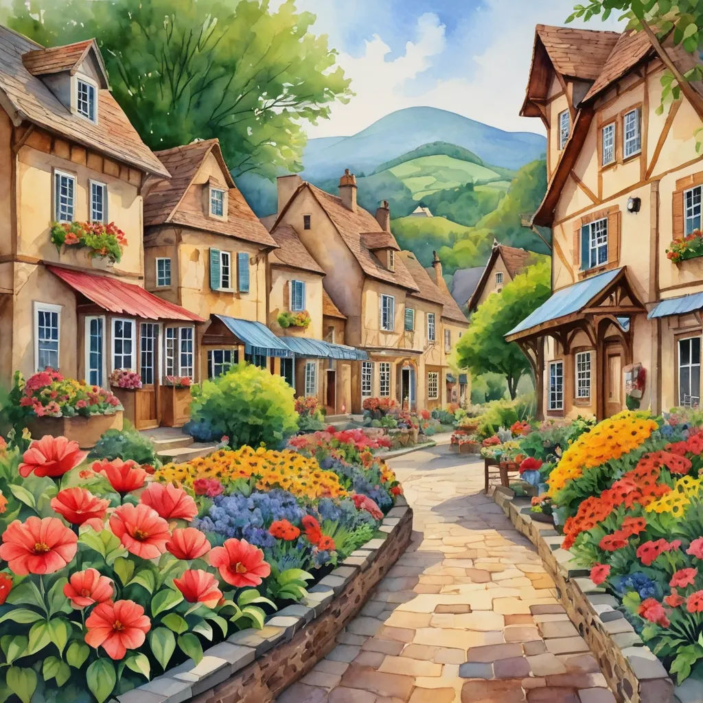 a painting of a village with flowers and a bench in the middle of the road and a path leading to the houses, american scene painting, a watercolor painting, Carol Sutton, kinkade