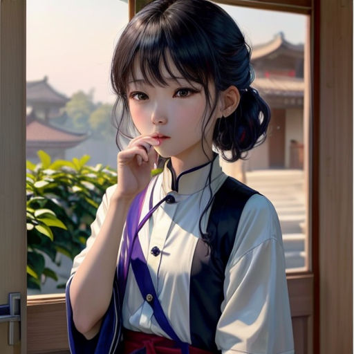 a woman in a white shirt and black and purple outfit standing in front of a window with a purple ribbon around her neck