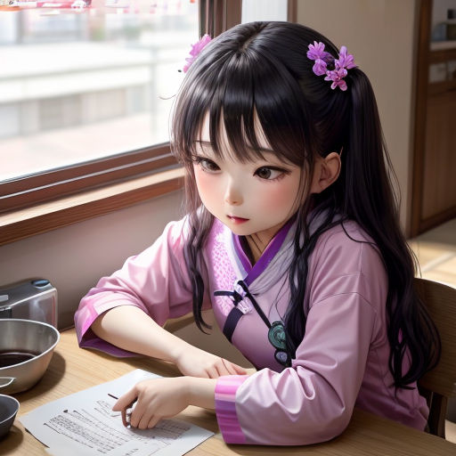a little girl sitting at a table with a paper and pen in her hand and a pot of tea in the background