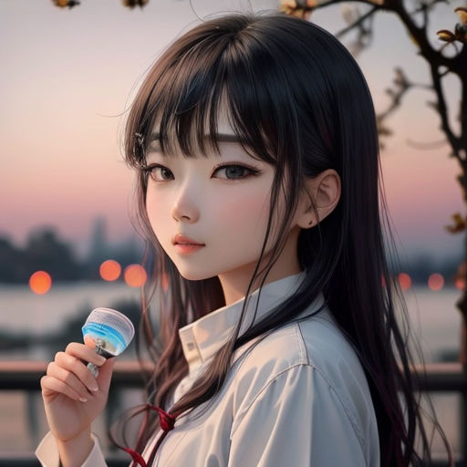 a woman holding a small object in her hand near a tree and water at sunset with a city in the background