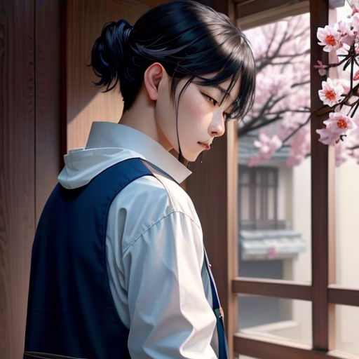 a woman standing in front of a window next to a cherry blossom tree in bloom, looking down at her phone