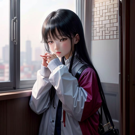 a woman standing next to a window with a hand on her chin and a hand on her shoulder,