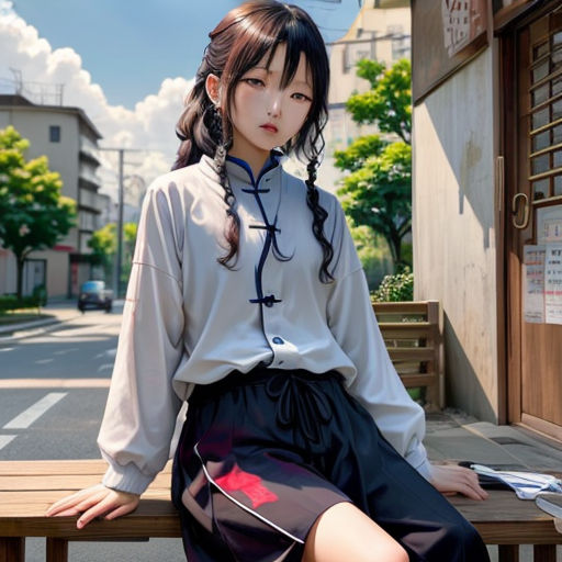 a woman sitting on a bench in a street with a long ponytail and a white shirt on her shoulders