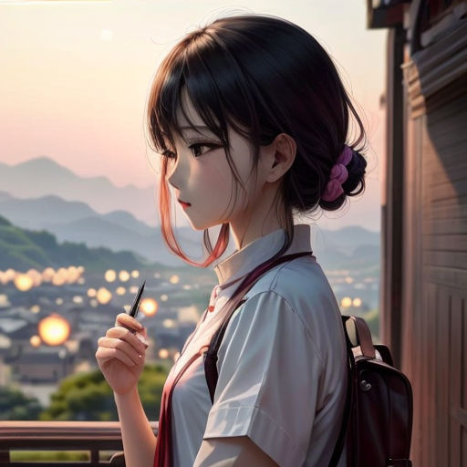 a woman holding a knife and looking at the camera with a city in the background in the background, a woman with a backpack and a backpack is holding a knife in her hand
