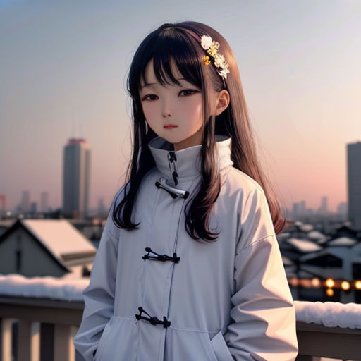 a young girl with long hair wearing a white coat and a flower in her hair stands on a balcony