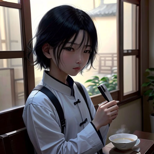a woman holding a cell phone while sitting at a table with a cup of coffee and a spoon in her hand