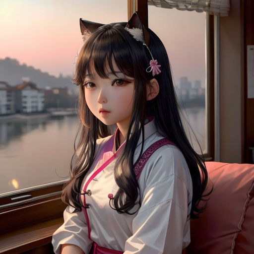 a girl with long hair sitting on a couch next to a window with a cat ears on her head