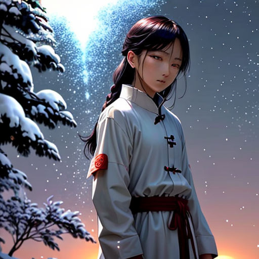 a woman in a kimono standing in front of a snowy landscape with a tree and a star in the sky