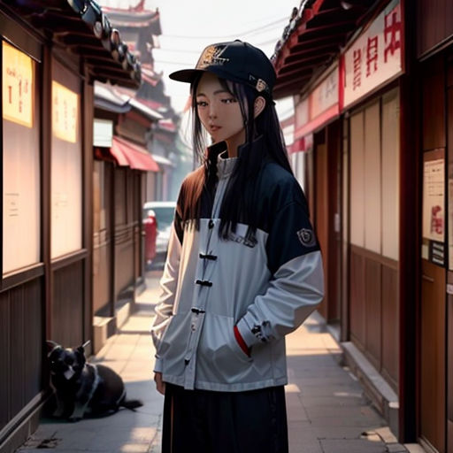 a woman standing on a sidewalk next to a dog wearing a hat and jacket with a long black hair