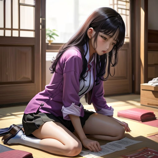 a young woman sitting on the floor in a room with a book on the floor and a book on the floor