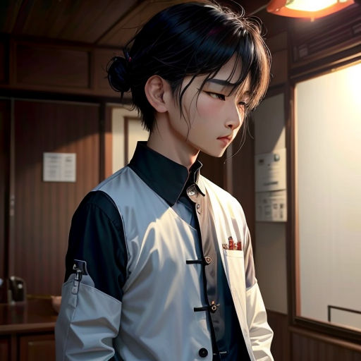 a woman in a black and white shirt and a black tie and a white jacket and a light fixture