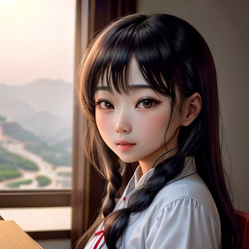a girl with long hair sitting at a desk with a laptop computer in front of her and a mountain view
