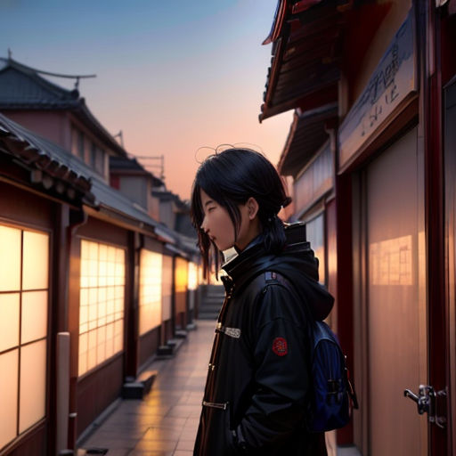 a woman standing on a sidewalk next to a building at sunset with a backpack on her shoulder and a backpack on her shoulder
