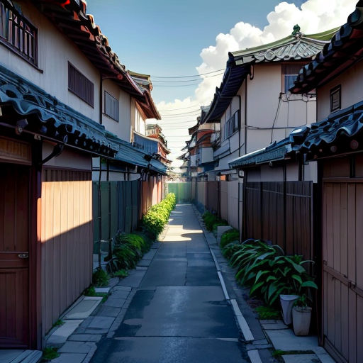 a narrow street with a few buildings on both sides of it and a few bushes on the side of the street