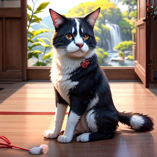 a cat sitting on the floor next to a red string and a red ball of yarn on the floor