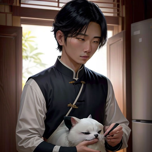 a man holding a white cat in his hands and a refrigerator in the background with a window behind him