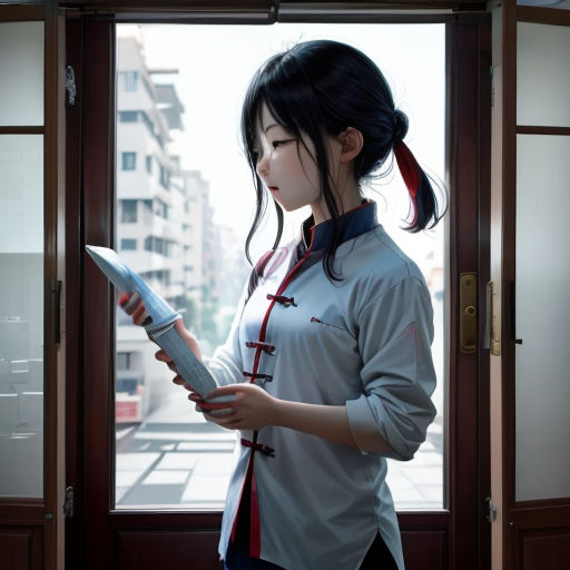 a woman standing in front of a window holding a book and looking at it with a ponytail in her hair