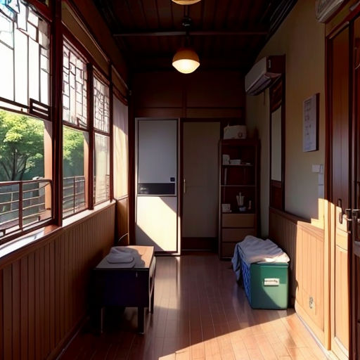 a room with a bed and a window with a view of trees outside of it and a bench in the middle