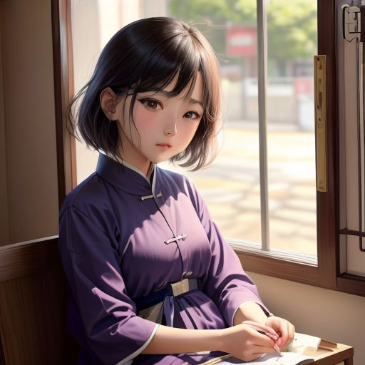 a woman sitting at a table writing on a piece of paper in front of a window with a window sill