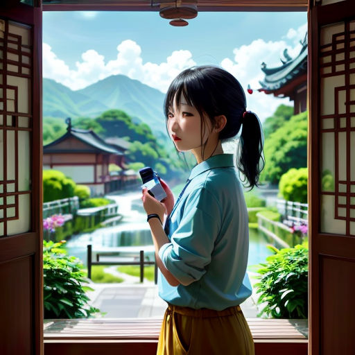 a woman holding a cell phone standing in front of a window with a view of a mountain range and a pond