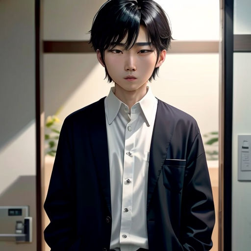 a man in a suit standing in a room with a door open and a plant in the background on the wall