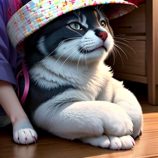 a cat wearing a hat sitting on the floor next to a dresser and a woman's hand holding a purse