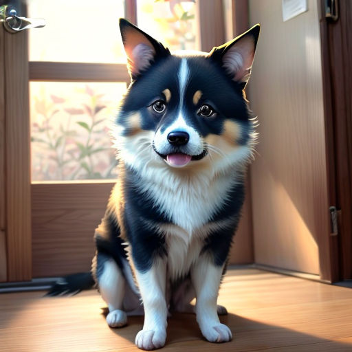 a dog sitting on a wooden floor in front of a door with a window behind it and a door handle