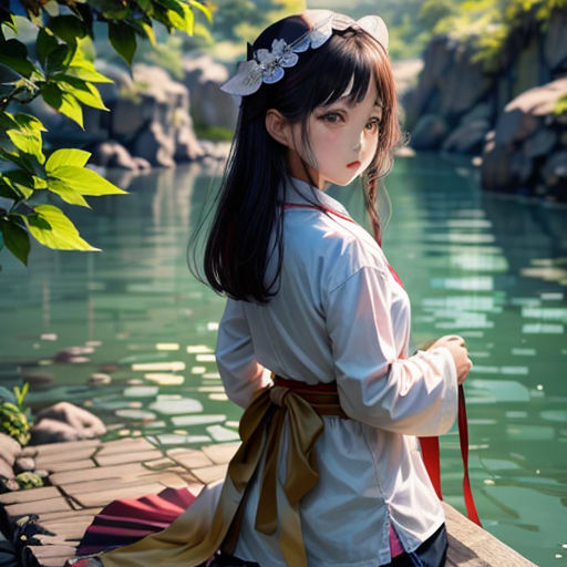 a woman in a kimono sitting on a dock by a river with a red leash in her hand