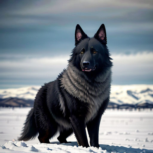 a black dog standing in the snow with mountains in the background and clouds in the sky above it,