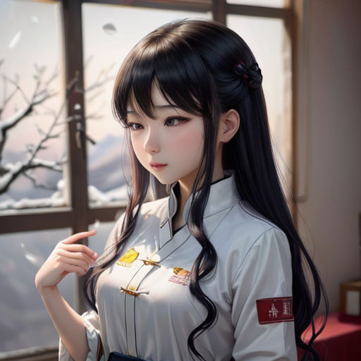 a woman in a uniform is standing by a window and smoking a cigarette in her hand and looking at the camera