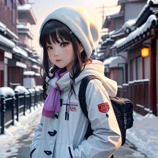 a woman in a white coat and a purple scarf is standing in the snow with a backpack on her shoulder